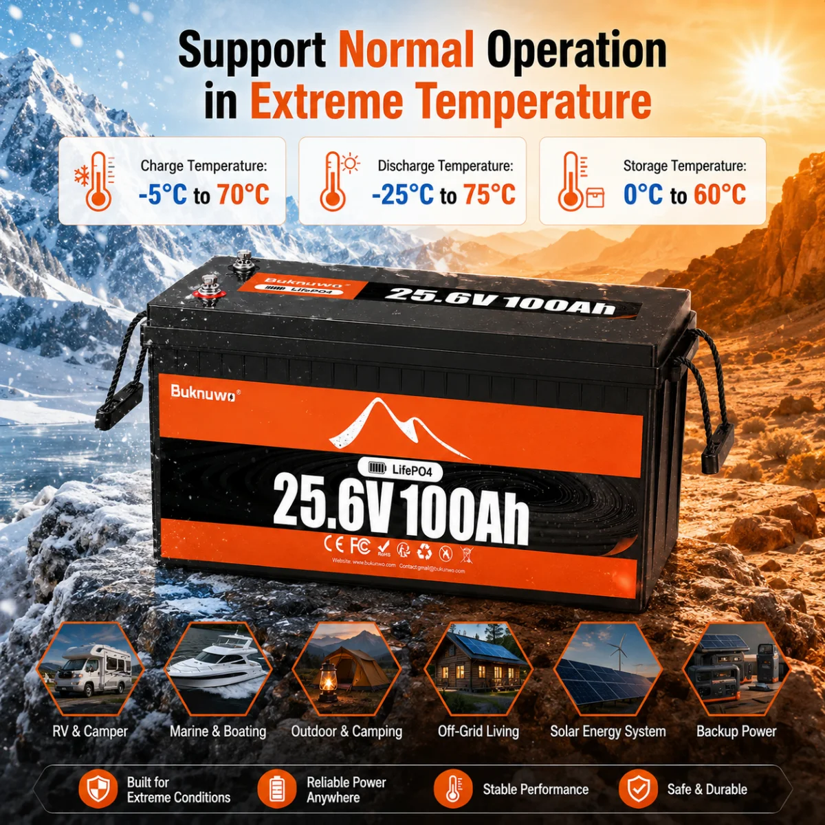 Buknuwo 24V/25.6V 100Ah M8 LiFePO4 Lithium Battery With Bluetooth, 2560Wh Power Energy Storage Battery, Built-in 100A BMS Grade A Cells, Low-Temp Protection, Capable Of Over 6000 Cycles Support Parall image 3