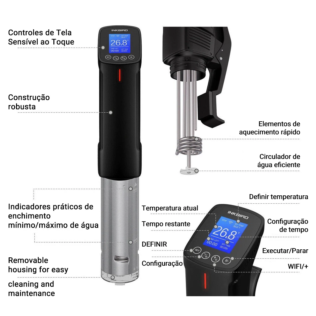 Fogão culinario sous vide com Wi-Fi، 1000 واط، درجة الحرارة e الموقت الدقة، circulador de imersão térmica em aço inoxidadevel para