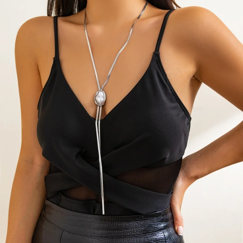 Vintage Gold Color Snake Chain Knot Long Tassel Necklace for Women Punk Chunky Thick Chest Pearl Choker Neck Jewelry Gift