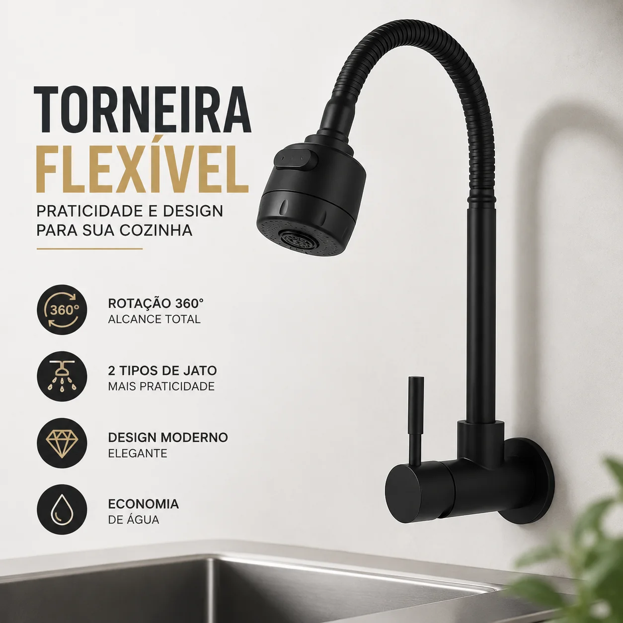 torneira cozinha parede preta flexível Duplo Jato Cone 1/4 de Volta