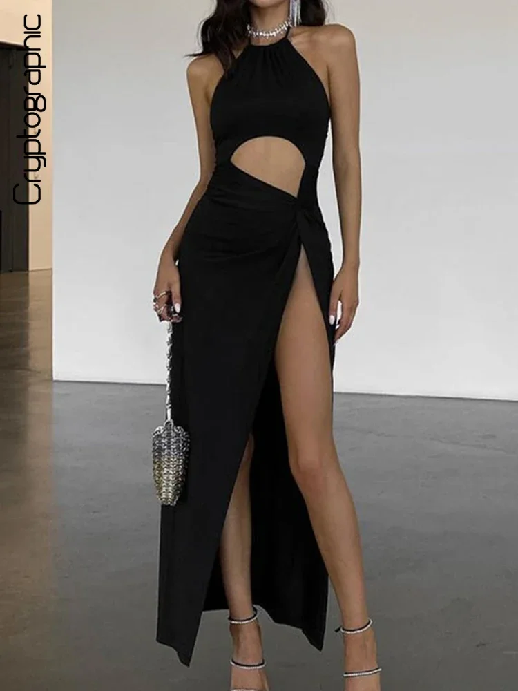 Kryptograficzna seksowna wycinana Backless Halter sukienka Maxi z rozcięciem sukienka elegancka moda stroje bez rękawów kobiety długie sukienki Party Vestido — zdjęcie 2