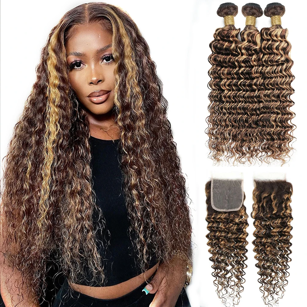 30 Inch Highlight Deep Wave Bundles with Closure Brown Human Hair Bundles with Closure Ombre Honey Blonde Bundles with Closure