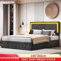 Comanlai Upholstered Bed,140 x 200 cm,Pneumatic Storage Bed with Pull Tabs,Padded LED Light Bed,with Slatted Frame,Velvet ,Black