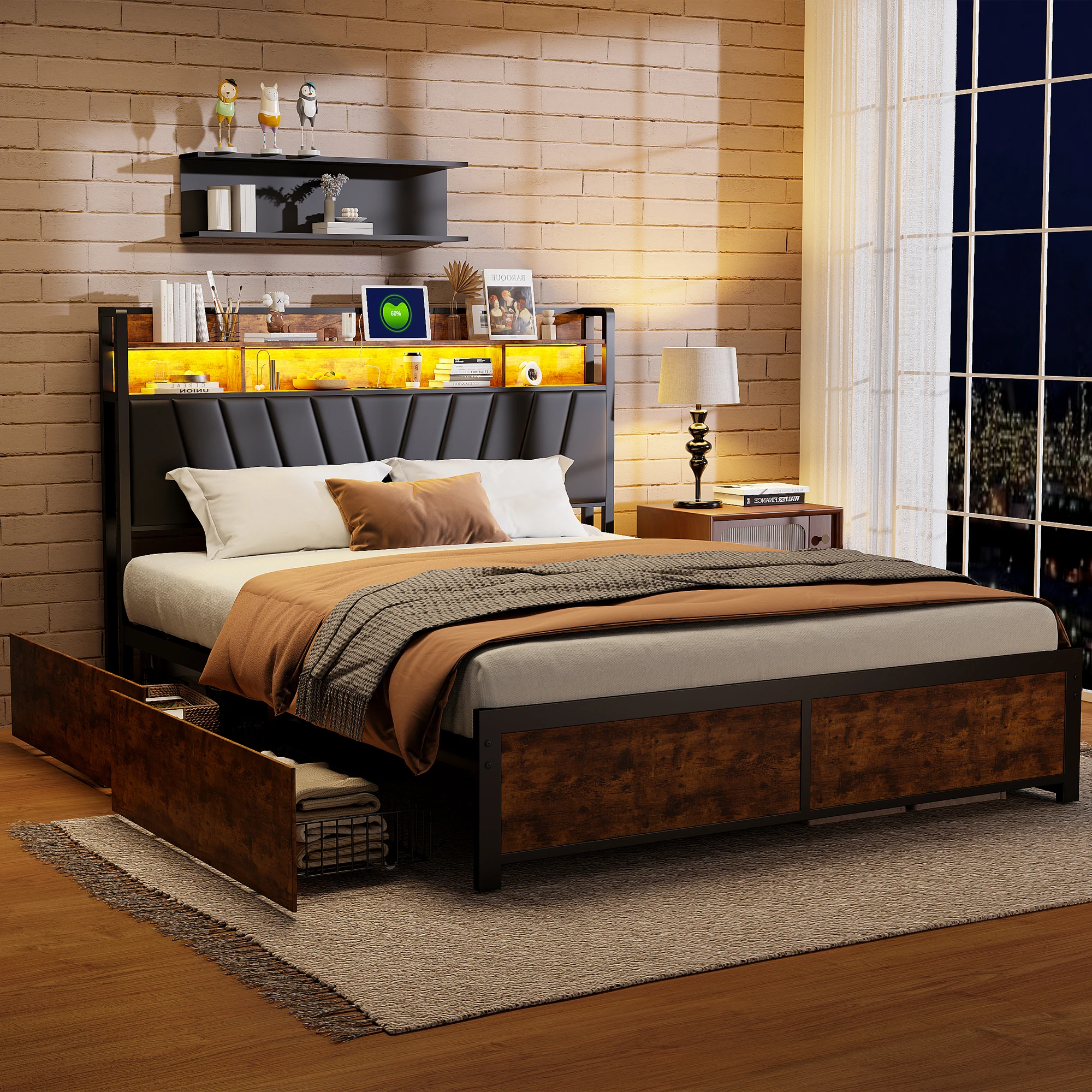 Rosahqnda Struttura letto matrimoniale 140-160-180*200 cm Letto contenitore con LED, USB e 4 cassetti letto per adolescenti letto per ospiti Appartamento letto in ferro Nero