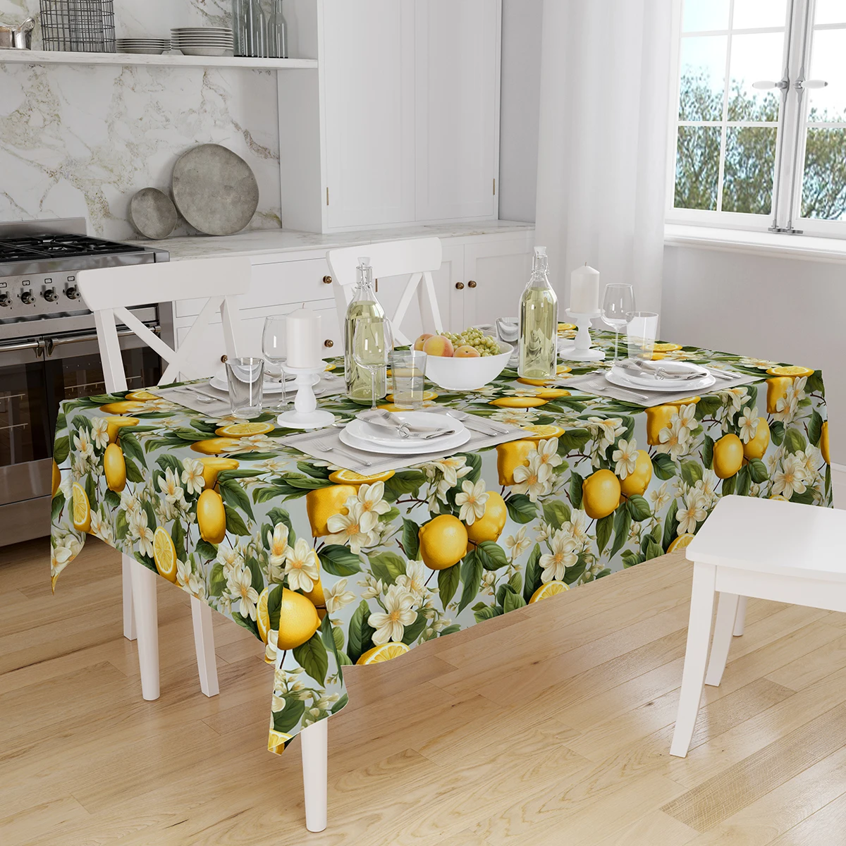 Yellow Lemons Green Leaves Design Printed Rectangular Table Cloth Table Cover for Wedding Party Dinning Table Decor