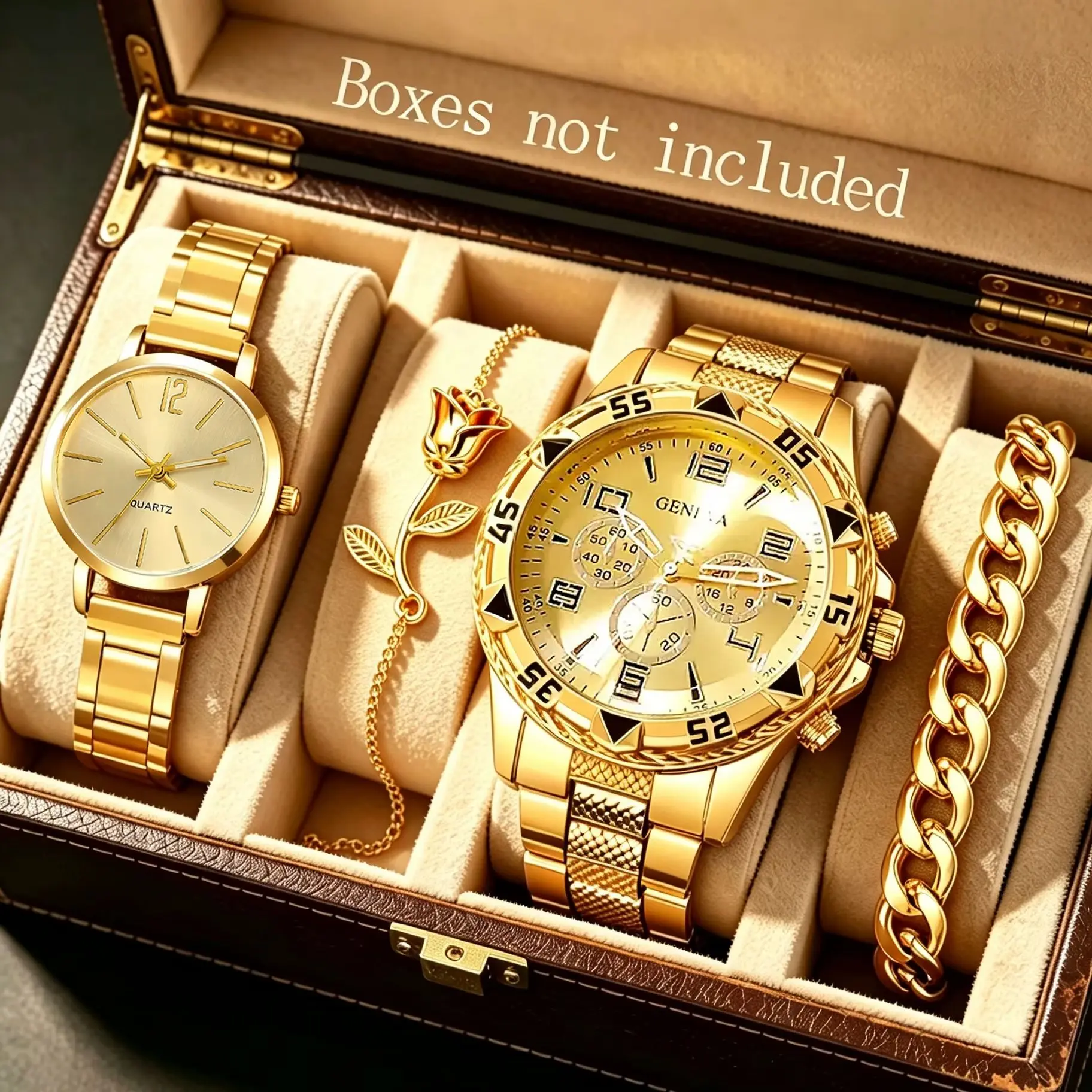 4-Piece Set of Gold Couple's Quartz Watches with a Trendy and Elegant Bracelet Set, Suitable for Couples, Casual and Everyday Wear, Perfect for Holiday Parties, and as a Suitable Gift for Him (Without Gift Box)
