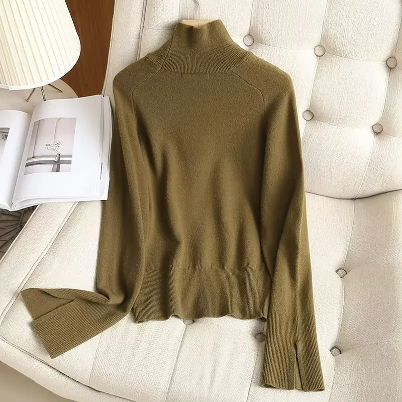 

Withered England Style Casual Sweaters Women Tops Simple Solid Turtleneck Wool Knitwear Pullovers