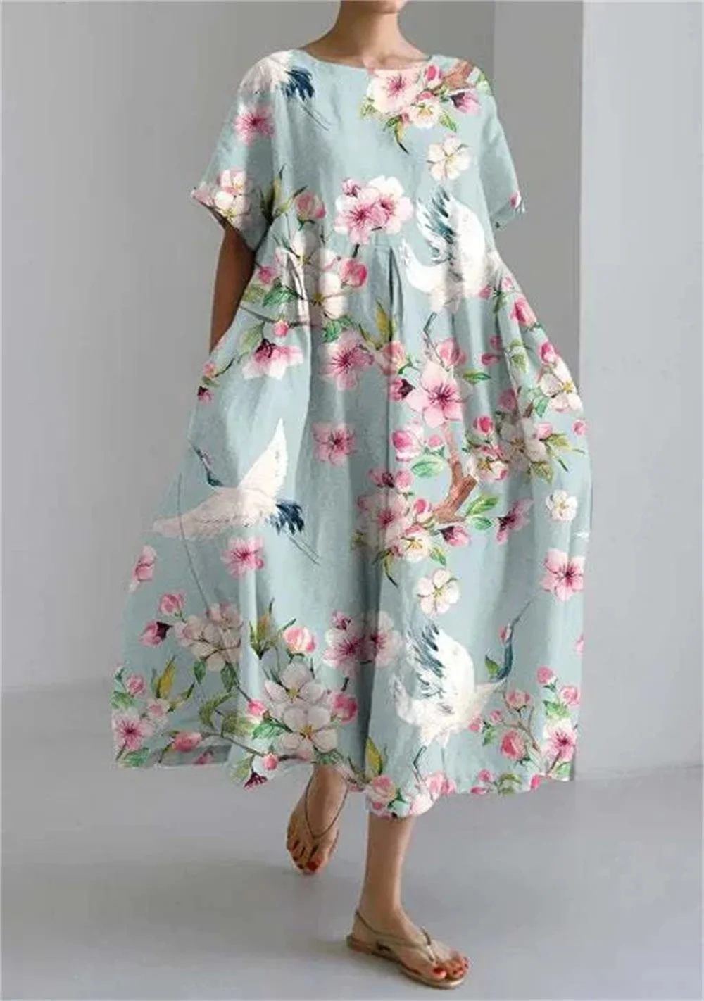 

Summer new daily casual dress women plus-size loose collar pocket dress double crane peach flower print short-sleeved dress