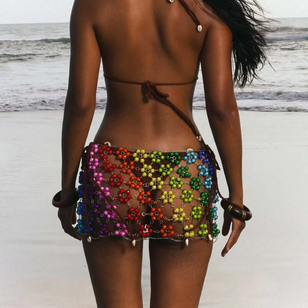 Handmade Shiny Rainbow Flower Beaded Skirt Female Party Rave Mini Skirts Sexy Body Jewelry Beach Bikini Accessories Waist Chain view 6