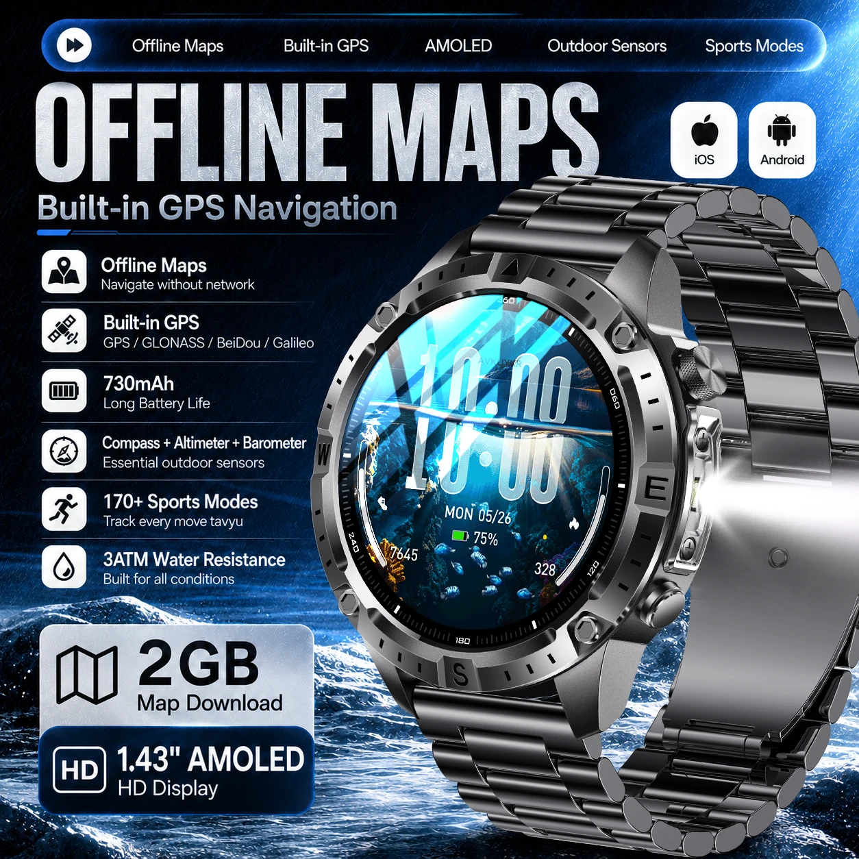 

2026 New Offline Maps GPS Smart Watch 2GB Map Download 730mAh Battery 1.43 AMOLED HD Display 3ATM Waterproof Sports Tracker Mens
