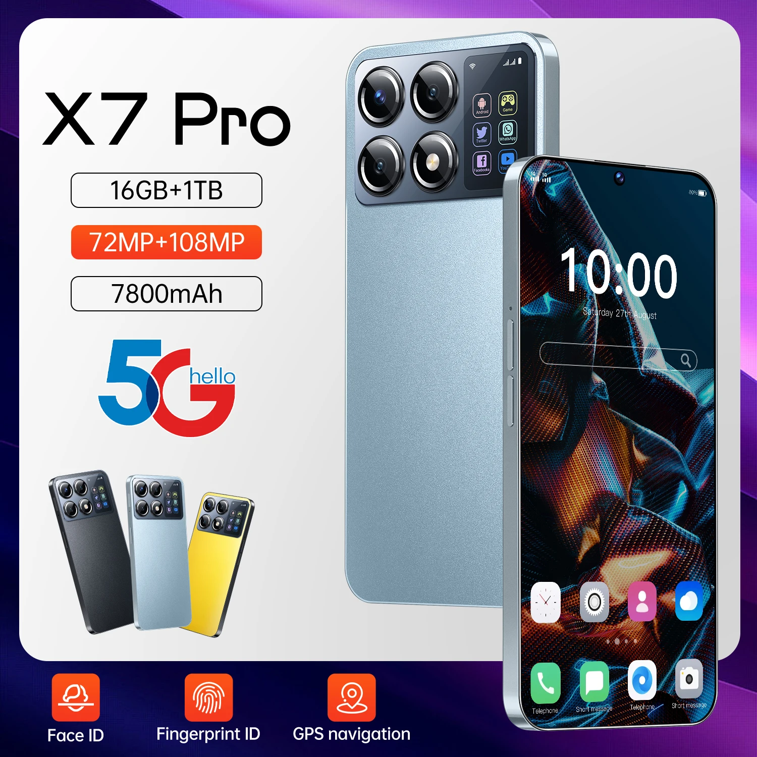 2025 X7 Pro Smartphone 7.3 '' Full Screen 4G/5G Cell Phone 16TB+1TB 7800mAh Global Version Mobile Phones 108MP Celulares