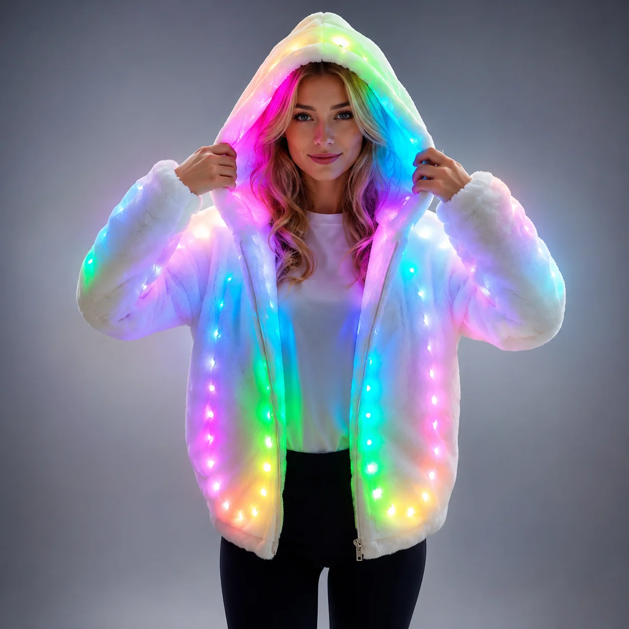 LED Mode Damen Kunstpelzmantel mit Fernbedienung Pelz leuchtende leuchtende Kleidung Rave Outfit warme Jacke Zirkusshow Bühne
