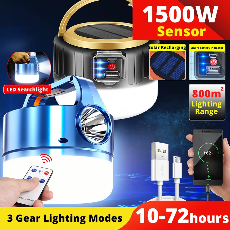 1500W Solar LED Camping Light Tent Lamp USB Rechargeable Bulb Portable Lanterns Hang Flashlight Emergency Repairing SensingLight