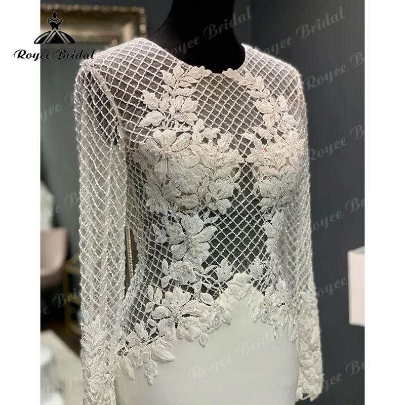 Sexy Lange Mouwen Kant Applicaties Kralen Open Back Mermaid/Trompet Trouwjurk Met Button Bridal Receiption Diner Feestjurk