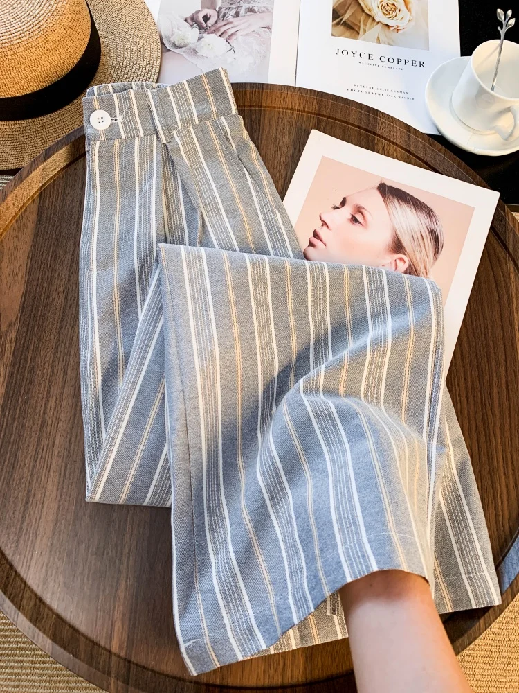 Pantalon à jambes larges à rayures grises pour femmes, nouvelle collection automne 2023, Chic coréen, bureau, fille, taille haute, tombant, pantalons décontractés
