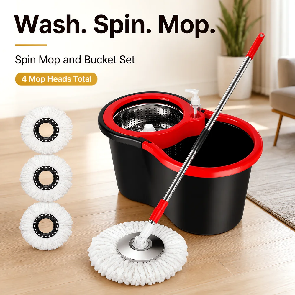 Spin Mop and Bucket with Soap Dispenser, Double Bucket Self Wringing Mop, Microfiber Pads, Telescopic Handle, 3 Extra Heads