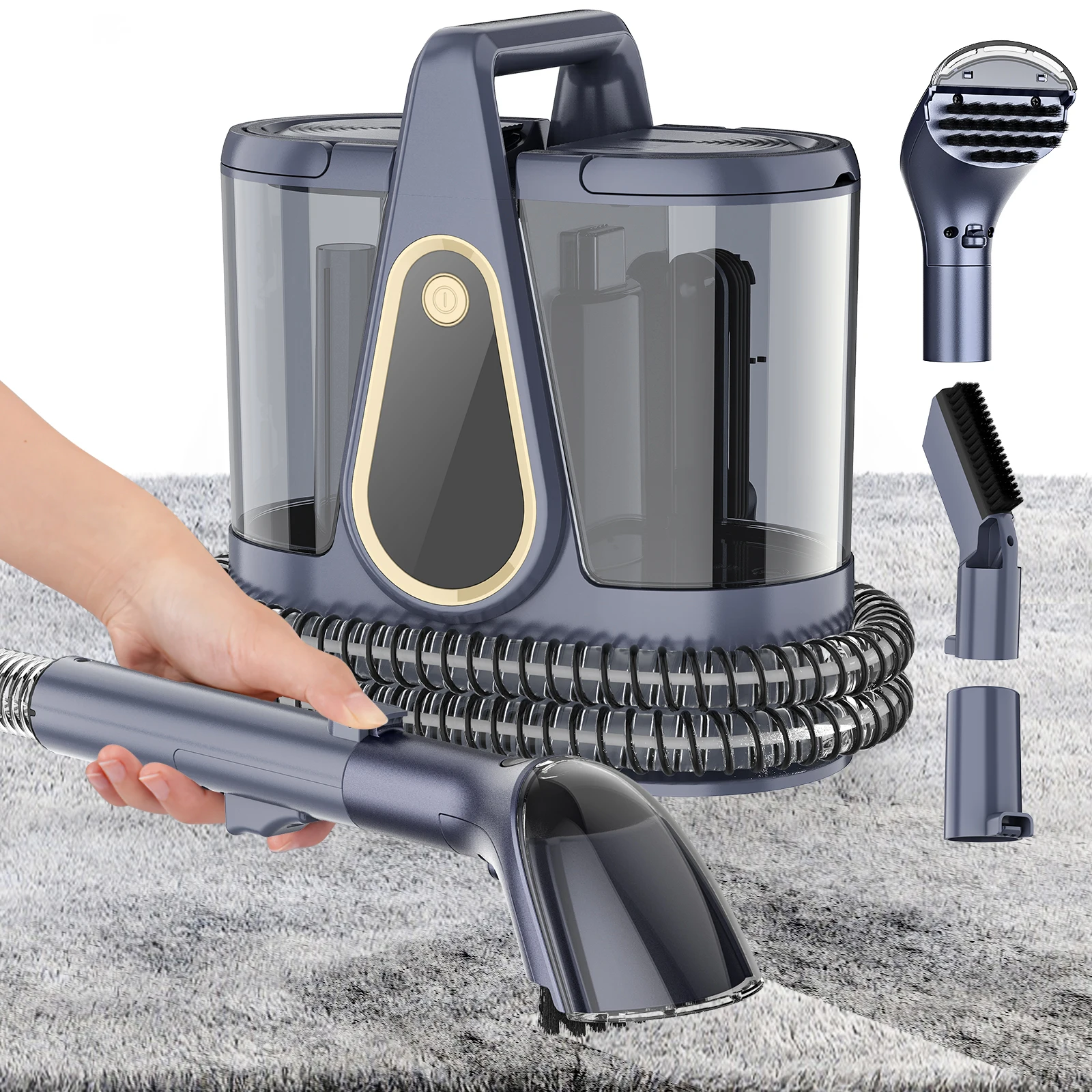 Nettoyeur de taches portable à deux modes : eau froide uniquement / désinfection à la vapeur, aspiration puissante de 17 kPa, réservoir d'eau propre de 1,5 L, réservoir d'eau sale de 1,2 L, cordon d'alimentation de 4 m, pour tapis, tissus d'ameublement et élimination des taches de voiture