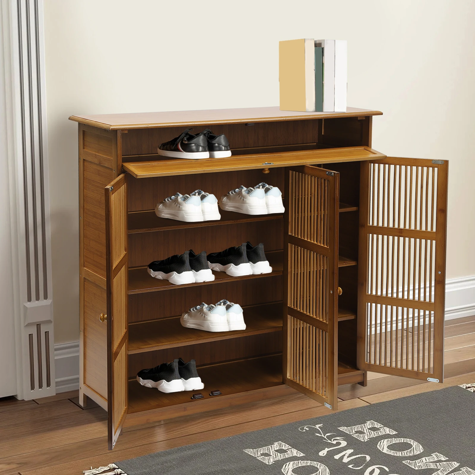 منظم خزانة أحذية من الخيزران مكون من 4 طبقات، خزانة أحذية للمدخل، منظم رف الأحذية مع أبواب مناسبة للمنزل، جديد