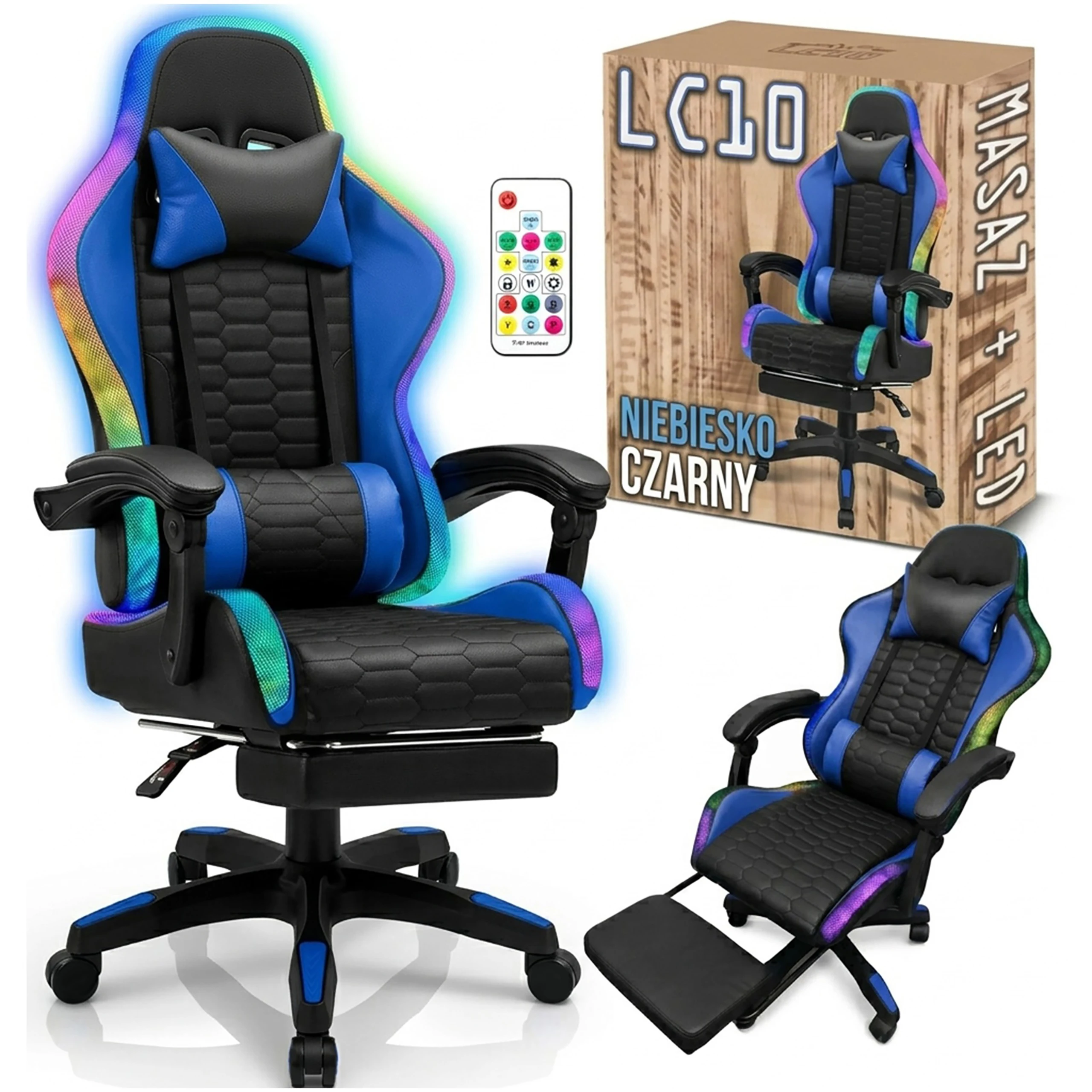 Ergonomiczny fotel gamingowy LC09 z masażem, LED i podnóżkiem – komfort w grach i biurze, czarno-niebieski, do 120kg!