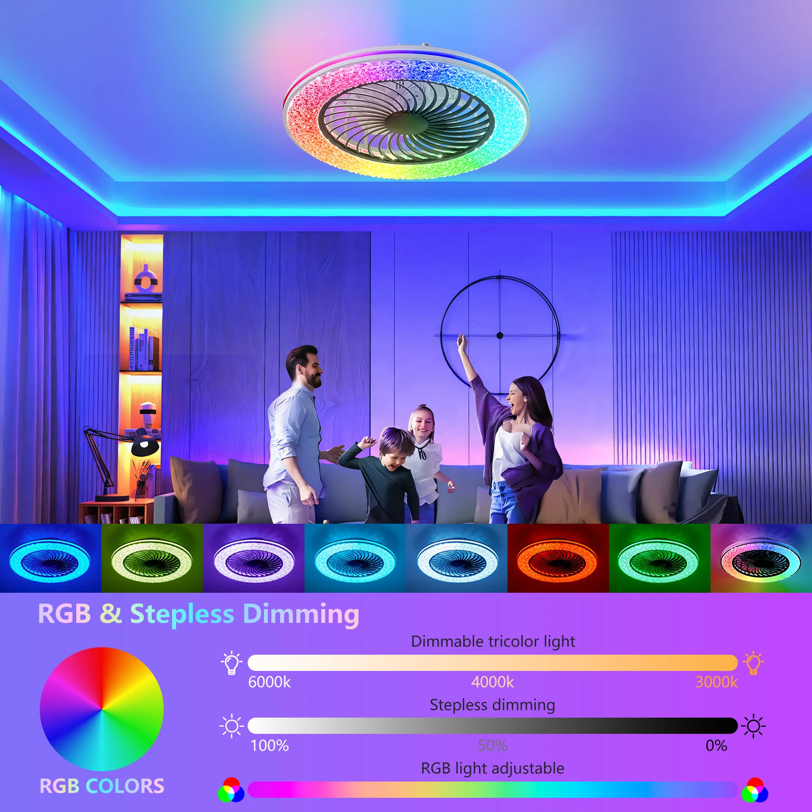2-in-1 RGB & LED Fan Light, 22.8-Inch Crystal Texture Ceiling Fan, Quiet Operation, Suitable for Party Decoration