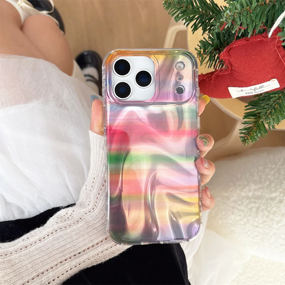 

New Korean Laser Aurora Creative Stripe Phone Case Suitable for iPhone 17/13/14/15/16 Pro Max Anti Drop Luxury Fashion