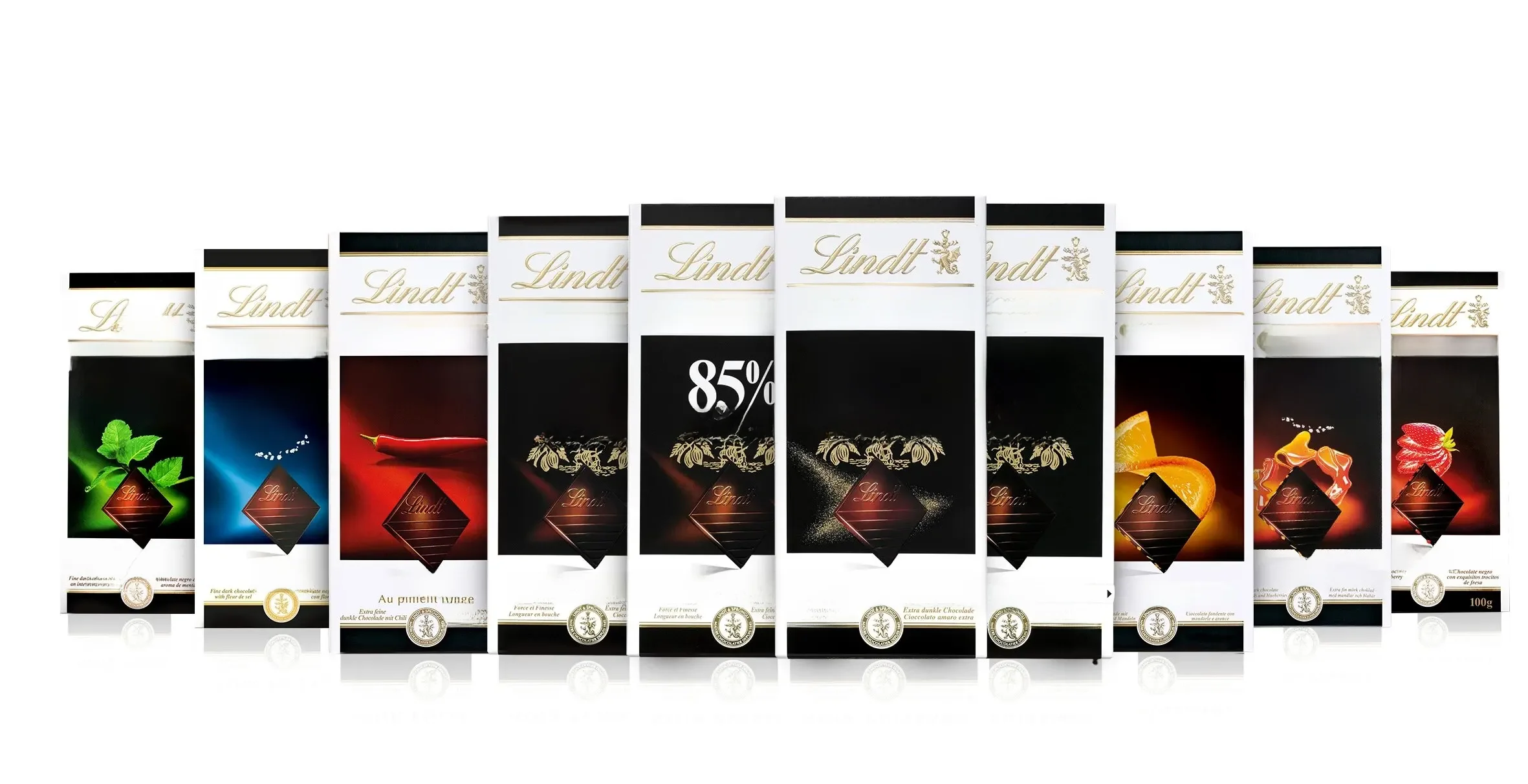 Comprimidos de chocolate, embalagem de 10 unidades de 100gr cada, sortidos: hortelã, caramelo, com