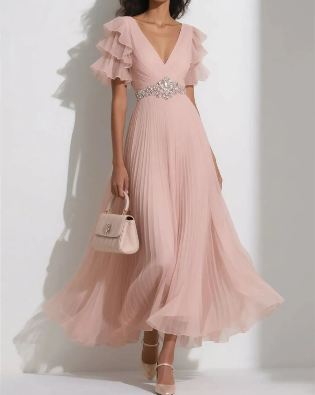 

Customized Short Chiffon Evening Dresses A-Line V-Neck Ruffled فساتين سهرة Ankle Length Pleated Prom Dress for Women