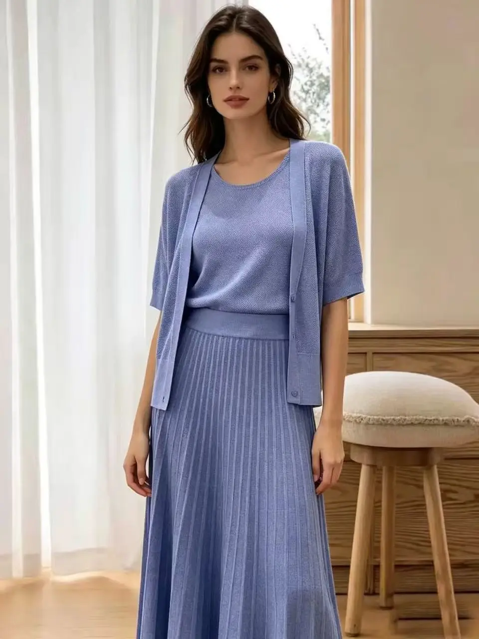 Elegant and minimalist style round neck three-piece knit set
