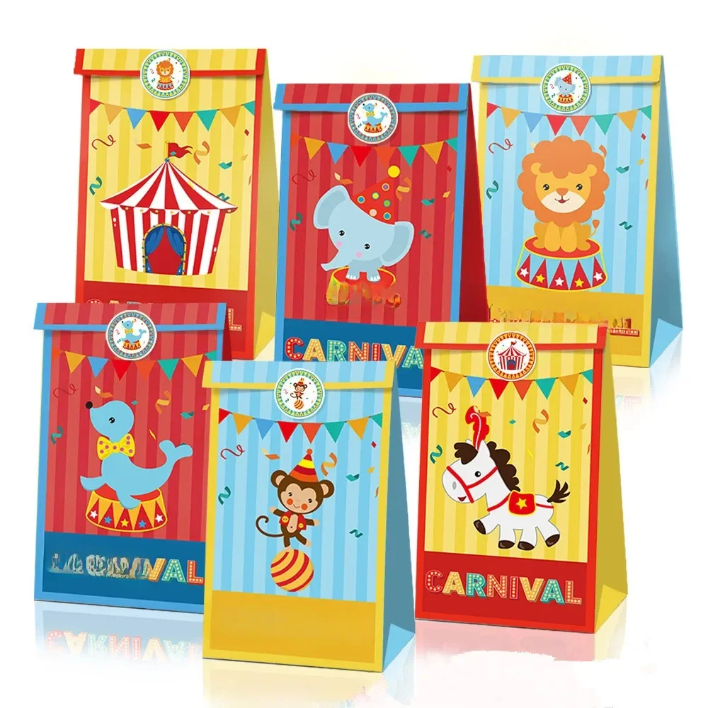 Sacs cadeaux de fête d'anniversaire, 12 pièces, animaux de cirque, décorations de fête de Festival de carnaval, sacs à bonbons en papier, sacs d'emballage pour réception-cadeau pour bébé
