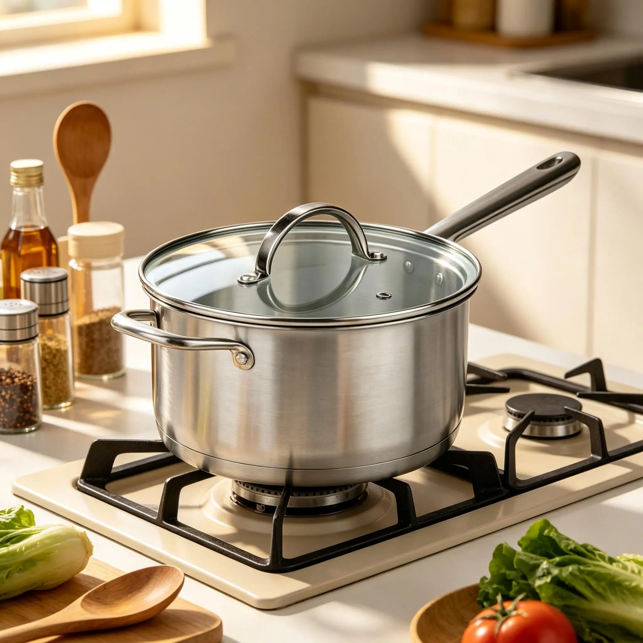 Casserole en acier inoxydable diamètre 20,5 cm hauteur 12 cm avec couvercle en verre trempé et valve vapeur, poignée ergonomique, base encapsulée compatible gaz, induction et vitrocéramique