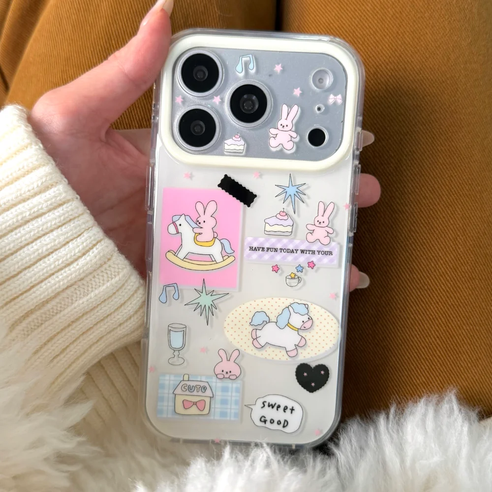 

Cute cartoon label pony rabbit phone case for iPhone 17 16 ProMax 14 15Pro fundas Korean INS creative shockproof protective case