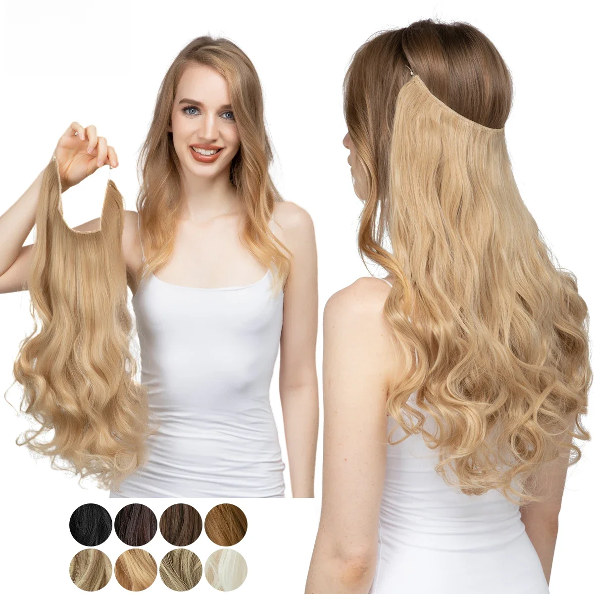 Sintético nenhuns grampos na extensão natural do cabelo, parte falsa do cabelo, onda longa, fio
