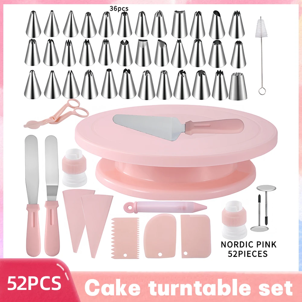 52Pcs Cake Decorating Tools Kit Pastry Turntable Kit Piping Nozzle Piping Bag Set Rotating Stand Baking Tools Accessories Bak