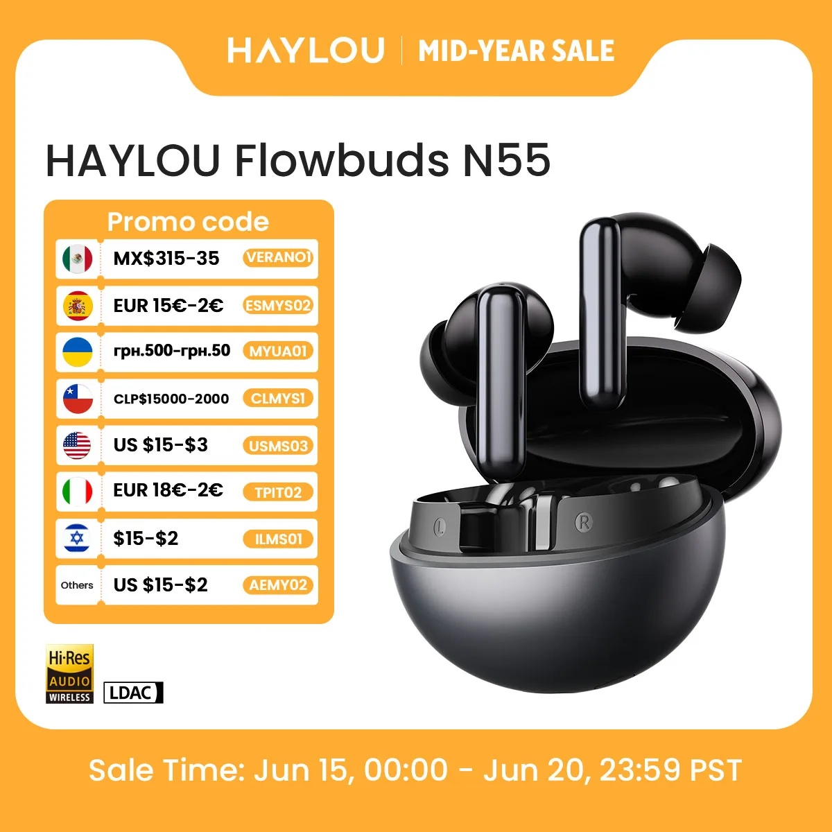 HAYLOU Flowbuds N55 אוזניות אלחוטיות 54dB Adaptive ANC Bluetooth 6.0 LDAC Hi-Res Audio 6-Mic HD Call אוזניות 40H השמעה IPX5