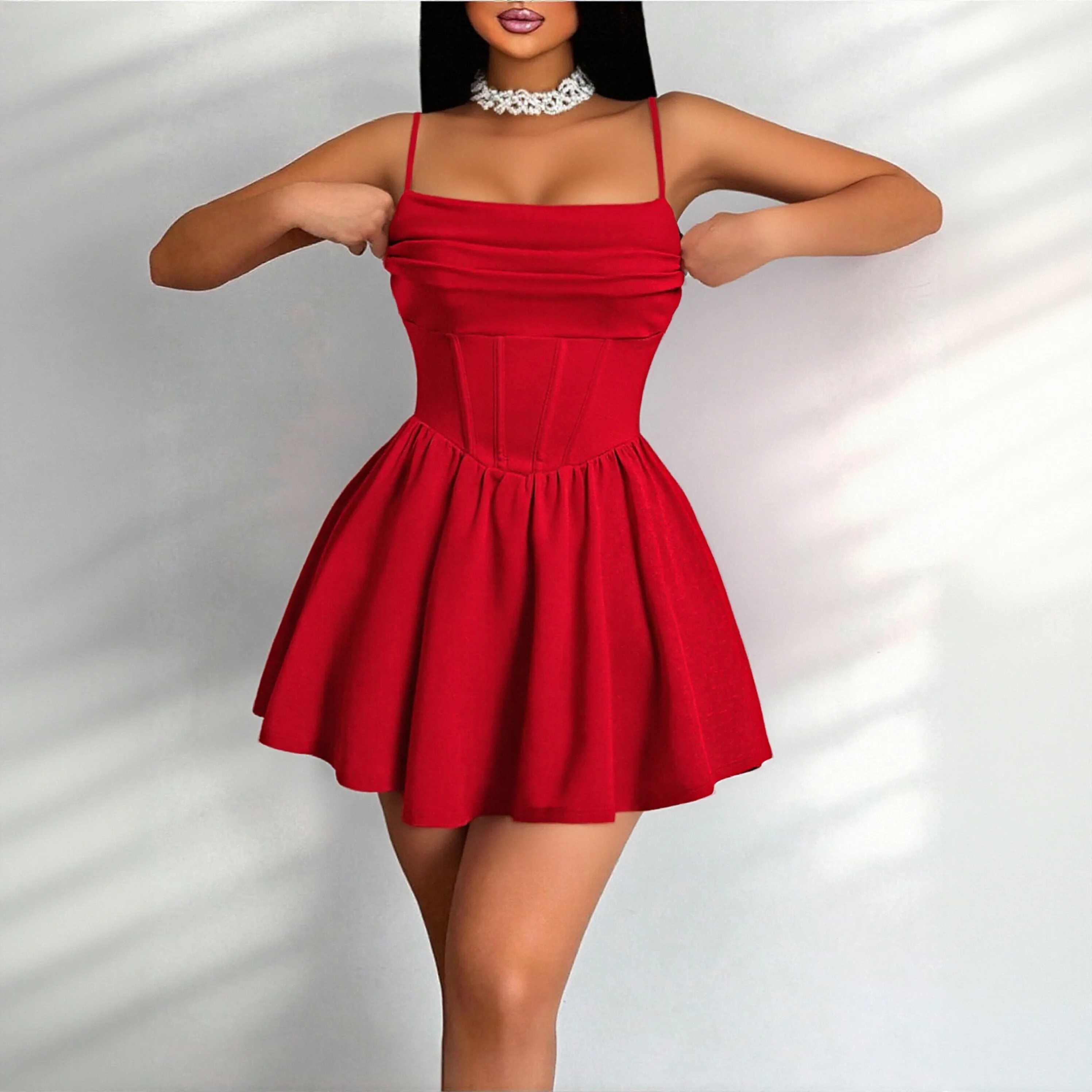 Women's Spaghetti Strap Corset Dress Pleated A Line Fit and Flare Cami Dress