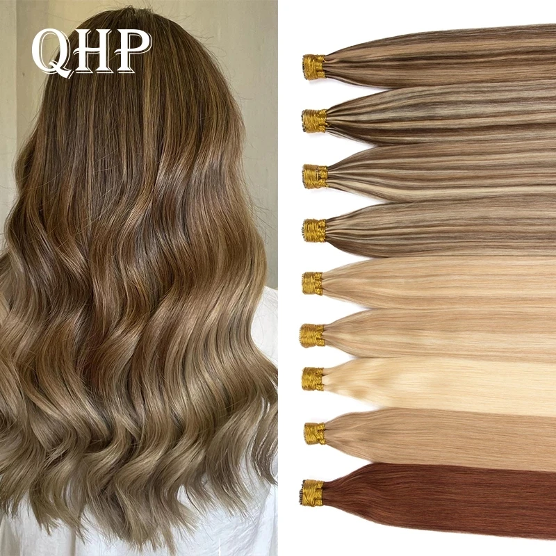 

QHP Straight I Tip Hair Extension Machine Made 100% Real Human Remy Hair Extensions 0.8g/Pcs 50Pcs/ Set Keratin Hairpiece