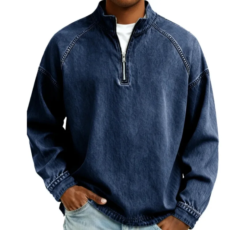 Henley Shirts for Men Quarter Zip Pullover Vintage Distressed Stand Collar Polo Denim Sweat Long Sleeve Sweatshirts Mock Neck view 5