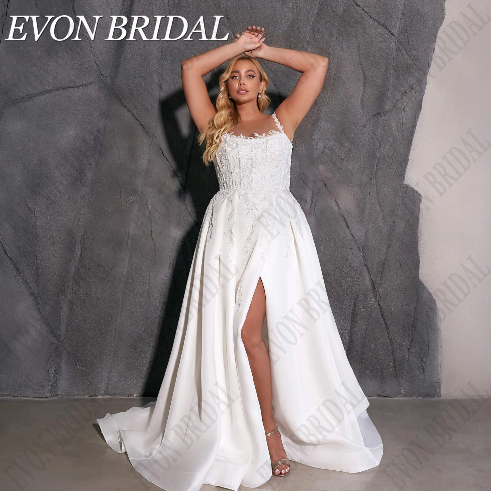 EVON BRIDAL Vestido De Noiva De Cetim Personalizado Plus Size Applique Side Split Elegante Vestidos De Noiva robe de mariée bohème Sem MangasEVON noiva personalizado vestido de casamento de esponja grande decalque late