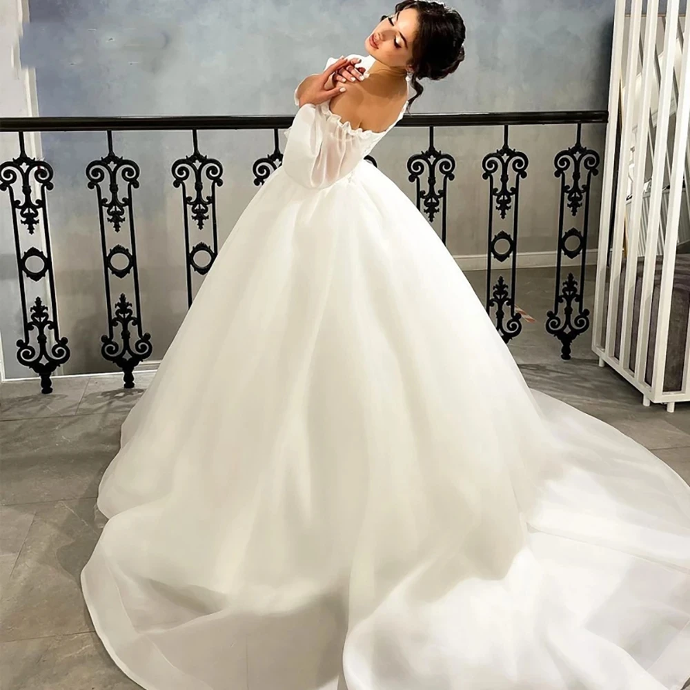 Elegant Sweetheart Pleats Wedding Dress A Line Puffy Long Sleeves Bridal Gown Illusion Back customized Vestidos De Novia