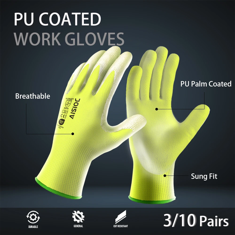 3/10 Pairs Yellow PU Coated Seamless Hand Work Gloves for Me