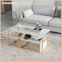 Urban Luxe coffee table Marble Slab living room Table coffee table Storage Modern coffee table Golden Legs White plate