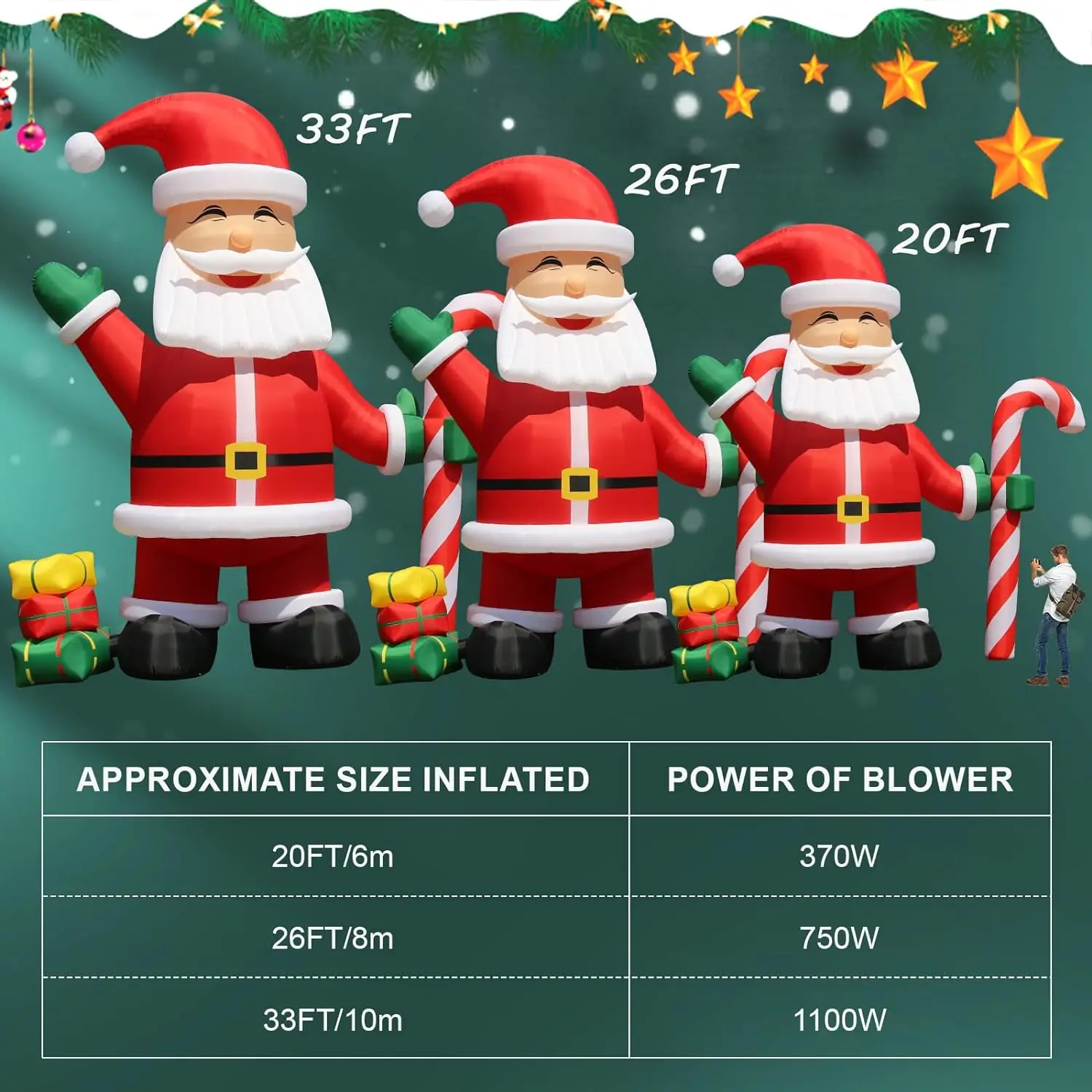 Giant Christmas Inflatable Santa Claus with Cindy Cane Gift Boxes, Outdoor Decoration with Air Blower, 20, 26, 33ft