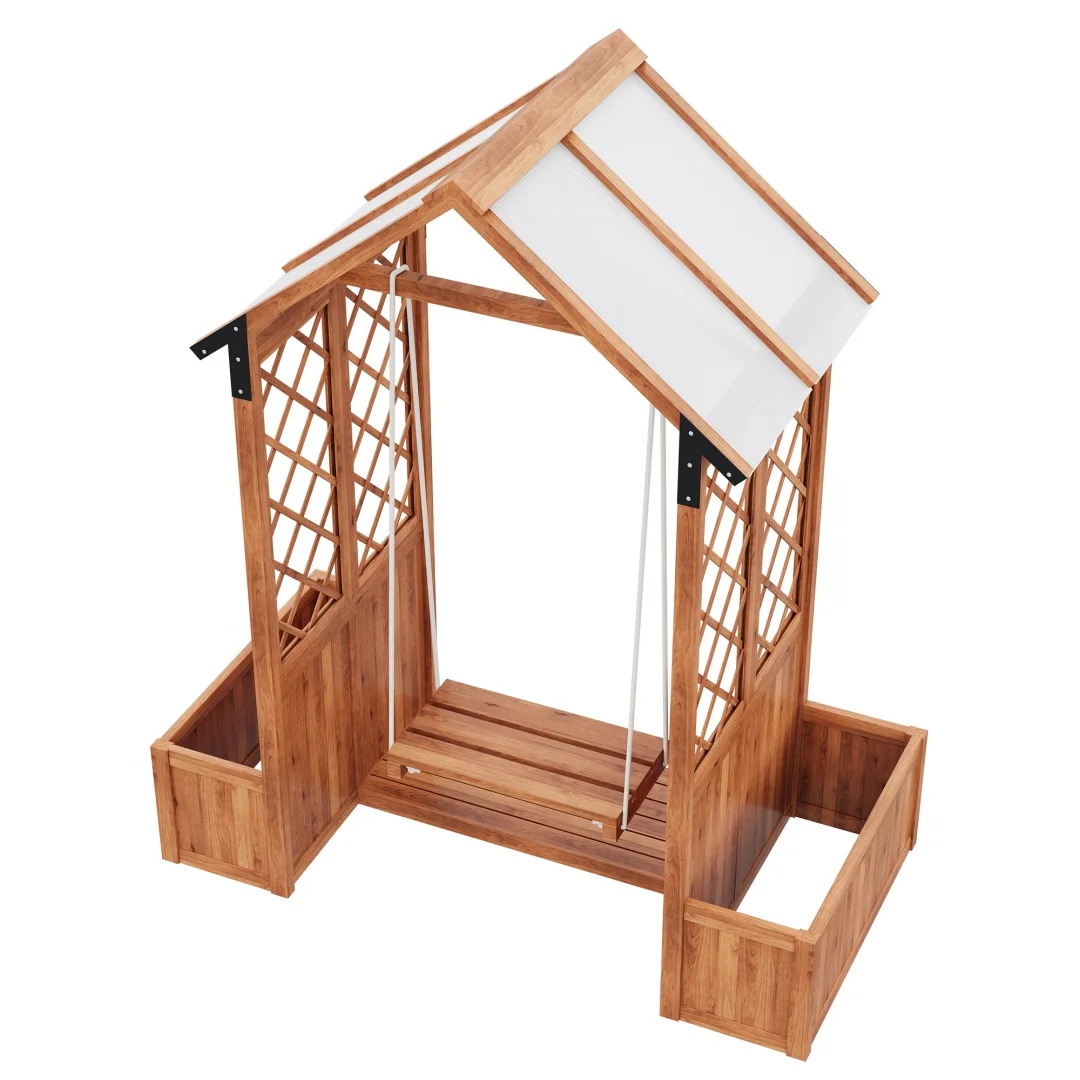 Tabouret pour plantes, chaise à bascule d'extérieur, pot à plantes à design étagé pour l'aide à la croissance des plantes, avec un pare-soleil en polycarbonate. Panier à fleurs, pot de plantes, en bois massif brun, adapté au jardin, au patio et à la terrasse.