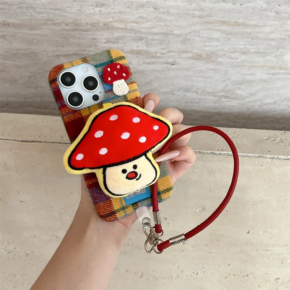 

Kawaii 3D Plush Mushroom Korean INS Plaid Pattern Phone Case for iPhone 17 Pro 15 14 13 16 Pro Max Cover With Holder Furry Funda