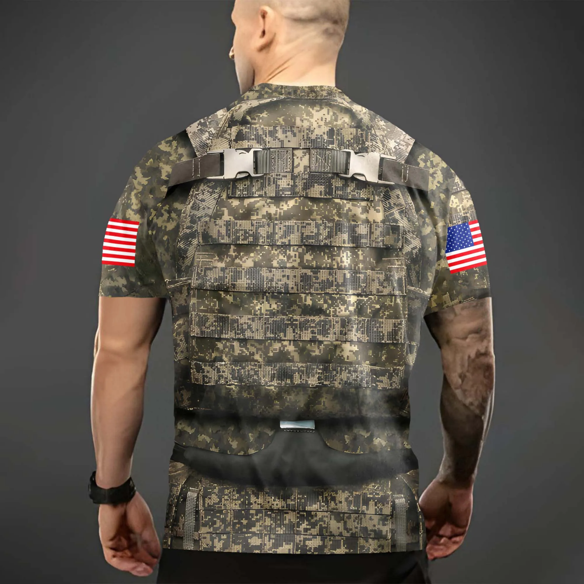 Sommer Militär-Tarnmuster US-Flagge Ärmel 3D Taktische Weste Muster Herren Figurbetonte Atmungsaktive Kurzarm-Angler- und Schießshirts – Detail 3