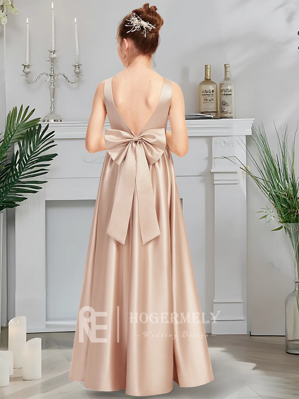 Платье подружки невесты для юниоров с V-образным вырезом, платье с цветочным узором для девочек, атласное платье длиной до пола с элегантным бантом, одежда для особых случаев для девочек