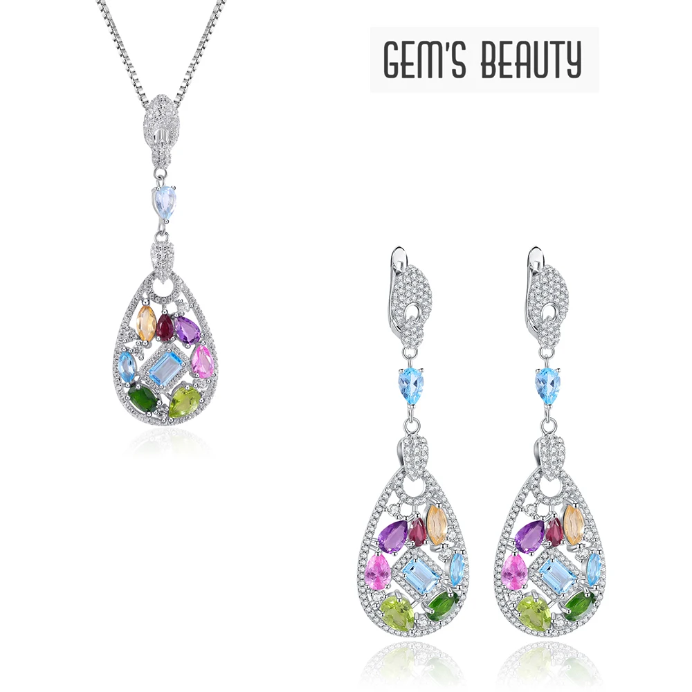 

GEM'S BEAUTY sets necklace earrings bracelet and ring Many Gems in One 925 silver jewelry certified original gift free shipping