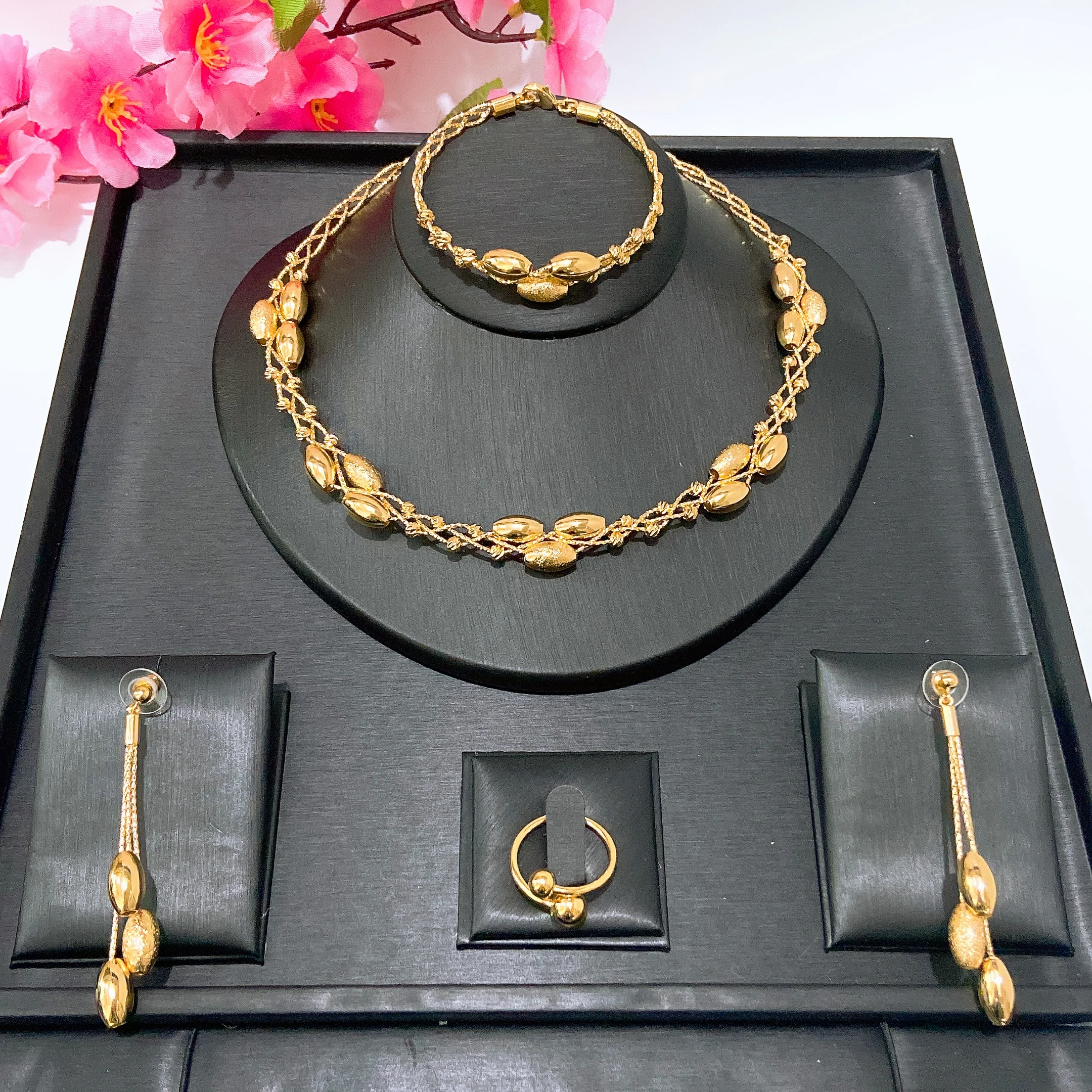 

Yulaili Oval Bead Tassel Drop Jewelry Set Gold Plated Alloy Nigerian Dubai Wedding Party Necklace Earrings Bracelet Ring HK0512