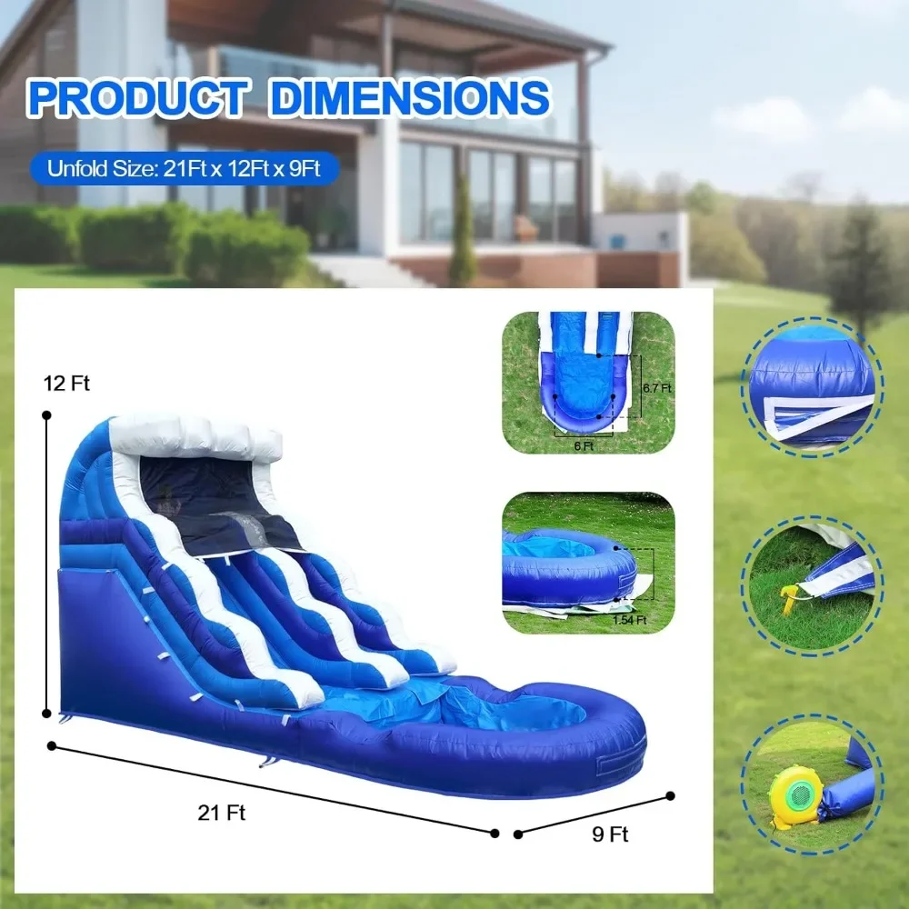 Glissière d'eau gonflable Blue Wave avec piscine anti-éclaboussures pour enfants et adultes, toboggan d'eau d'arrière-cour avec souffleur, utilisation à sec de support, extérieur, 21 pieds