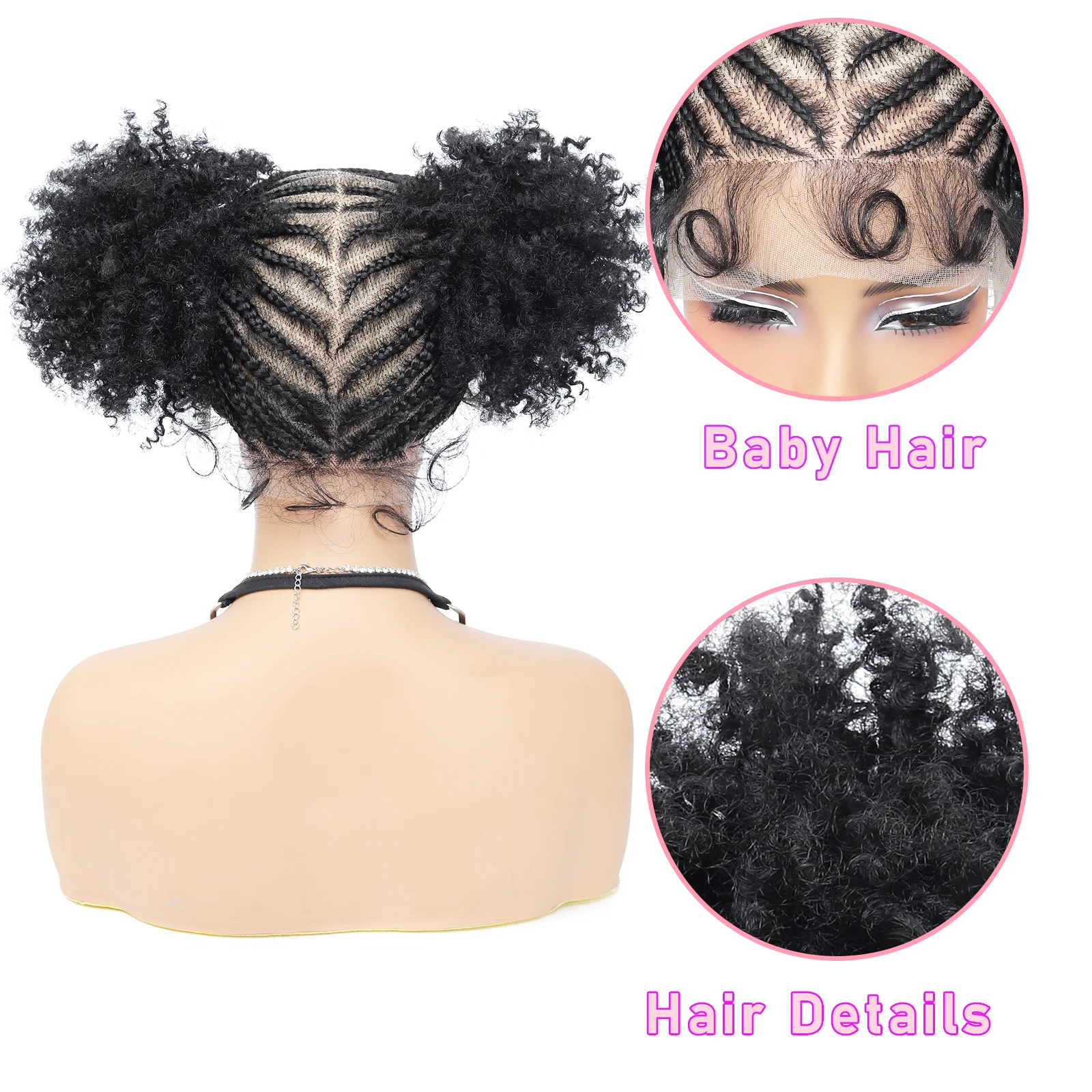Cornrow Braided Wigs Synthetic Full Lace Bantu Braided Lace Wig with Baby Hair Cosplay Wig for Women Girls Lace Front Braids Wig